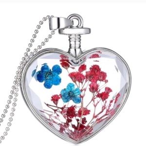 NIB*Heart shaped pendant w/ floating dried flowers